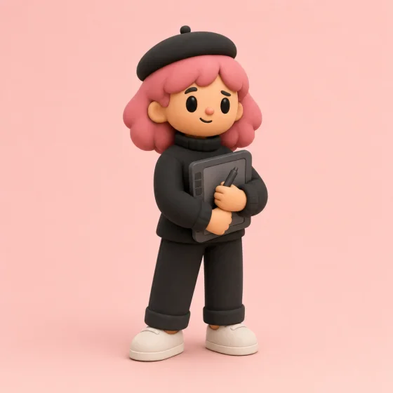 Sketch, a chibi with a pink bob and a black beret, holding a drawing tablet